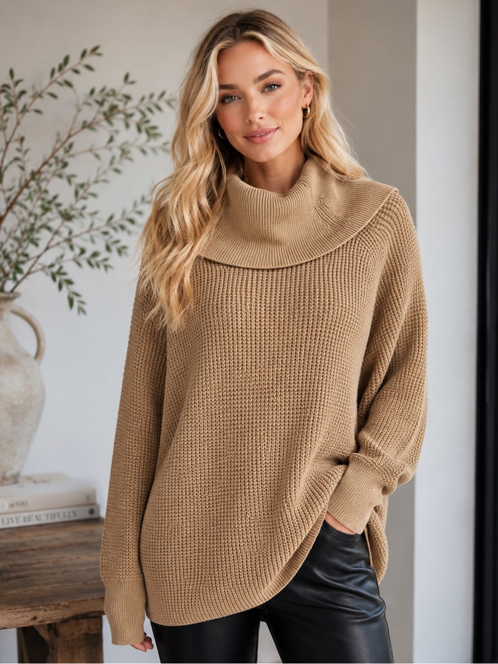 Michael Kors Camel Funnel Collar Waffle Knit Sweater